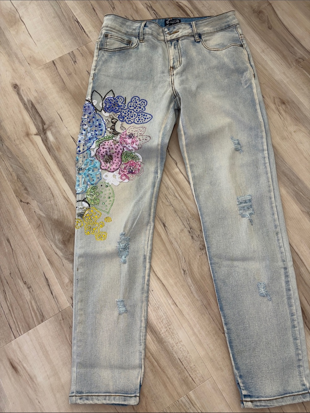 Light Blue Skinny Jeans with Multicolor Floral Sequin Accent